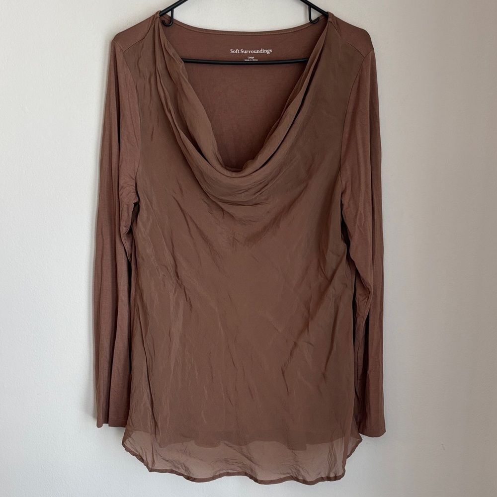 Soft Surroundings silk blend Chocolate Cowl Neck stretchy Blouse top size large